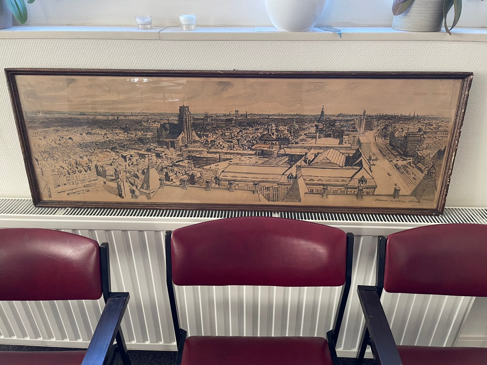 Litho panorama Rotterdam 120x40 cm in lijst Marius Richter, Ophalen