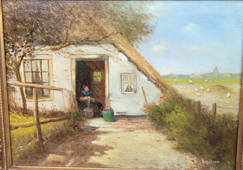 Doek 'Boerenerf met boerin' gesign. H. Verhaaf (1881-1970), Antiek en Kunst, Doek, Ophalen of Verzenden, Landschap, Olieverf