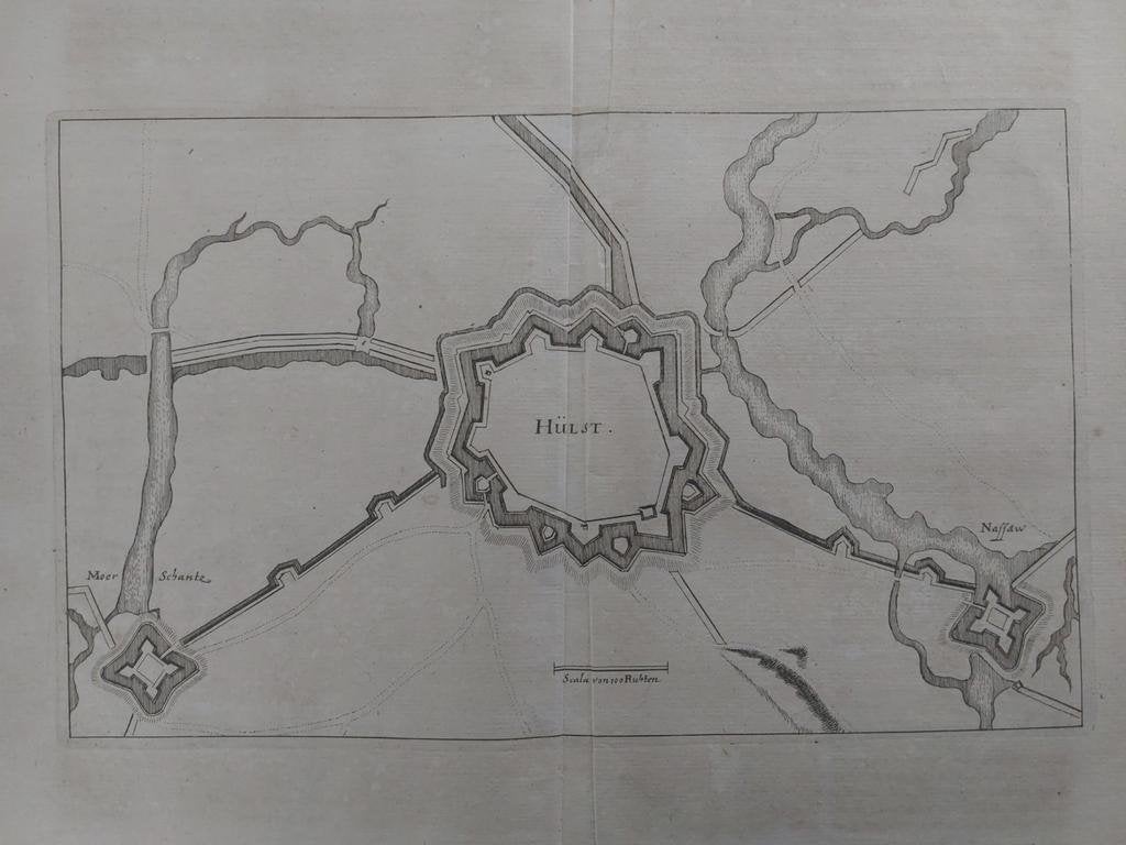 38 / Plattegrond Hulst Gravure uit 1659 van C. Merian, Antiek en Kunst, Kunst | Etsen en Gravures, Ophalen of Verzenden