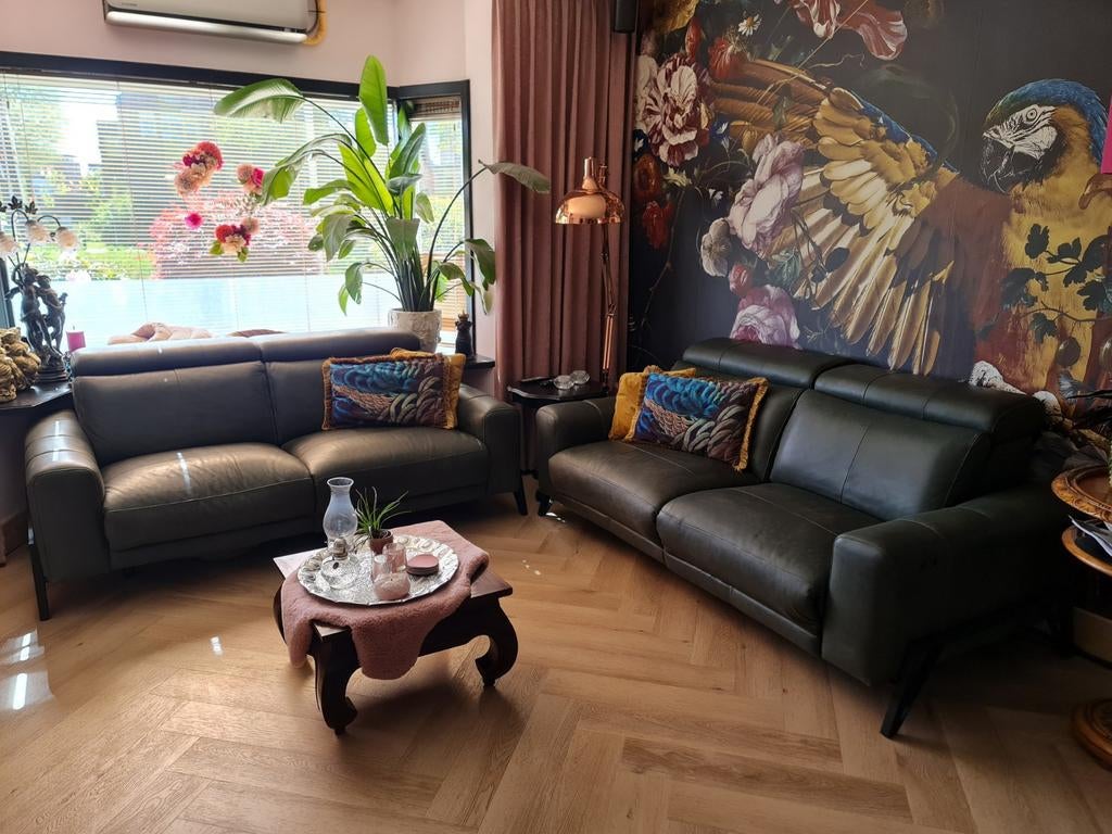 2 Groen/grijze leren banken met 2 verstelbare gedeeltes, Ophalen of Verzenden, Gebruikt, Leer