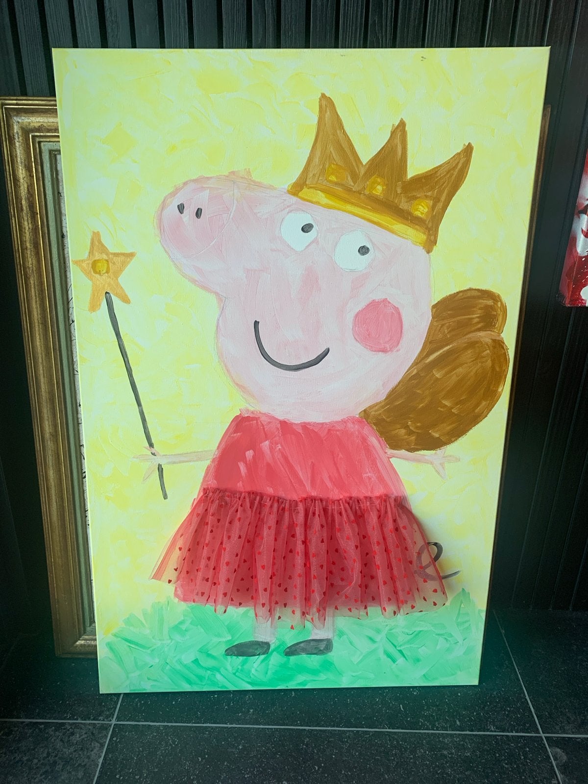 Vrolijk Schilderij Peppa Big met tule rokje, Acrylverf, Overige stijlen, Doek, Dieren