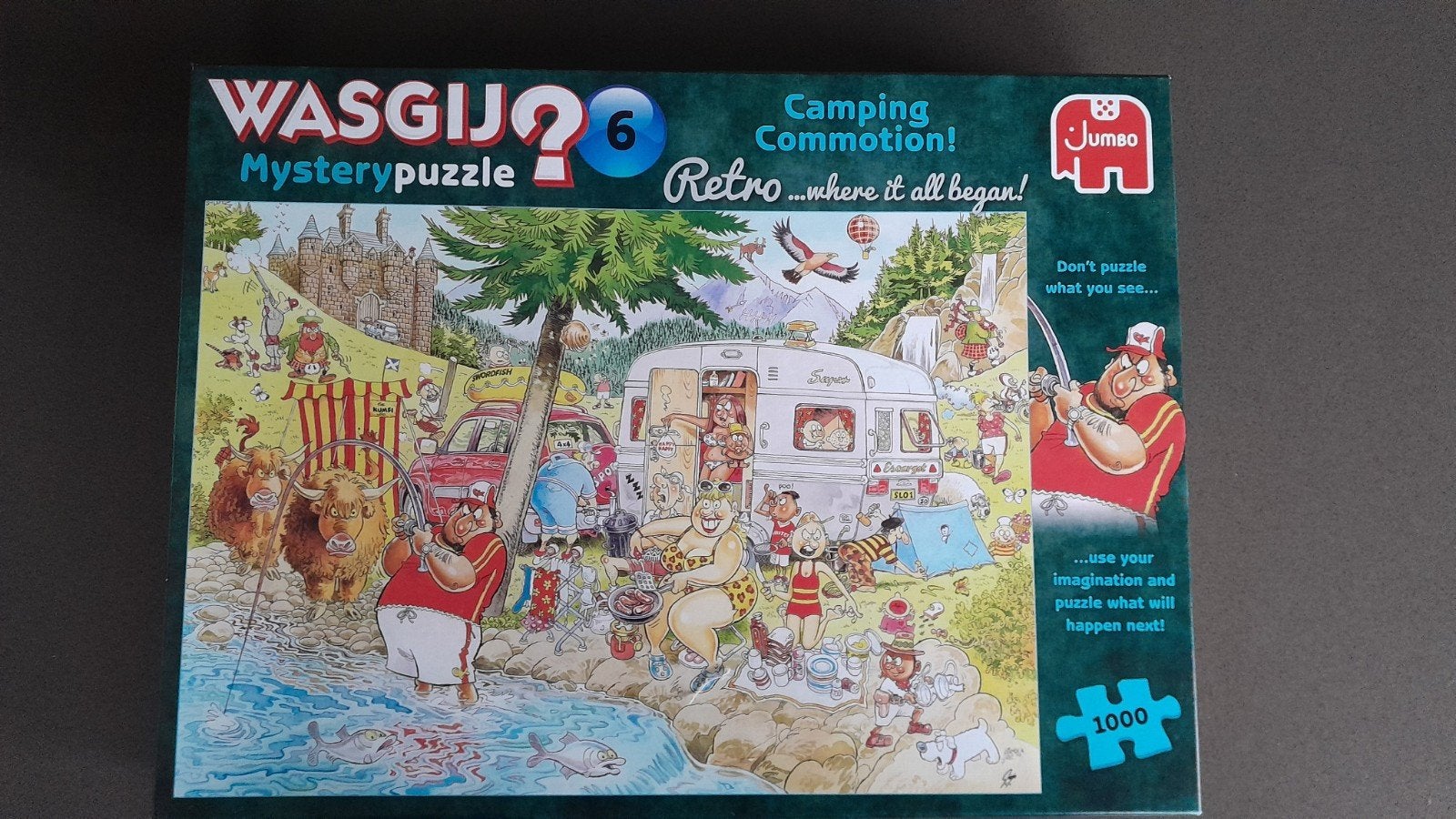 Wasgij Retro 6: Camping Commotion! 1000 stukjes, Ophalen of Verzenden, 500 t/m 1500 stukjes, Zo goed als nieuw, Legpuzzel