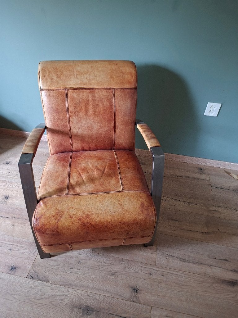 Lederen fauteuil, camel kleur, Ophalen, Gebruikt, 50 tot 75 cm, Leer