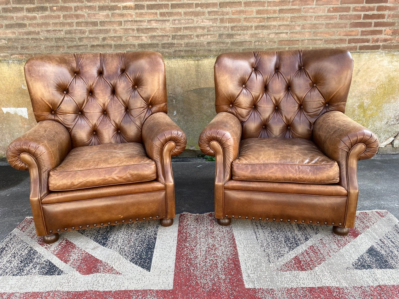 2 x Chesterfield Bruin leren Oorfauteuils merk Bendic !!, Ophalen, Gebruikt, Chesterfield, 75 tot 100 cm