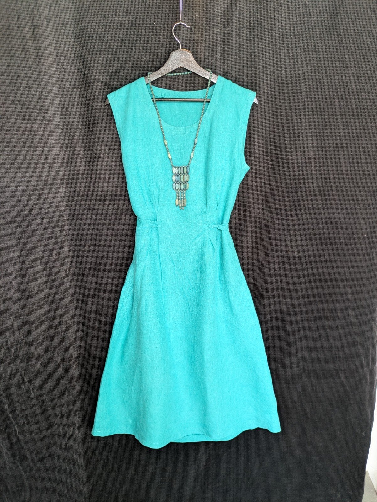 Turquoise mouwloze linnen jurk met ceintuur, Maat 38/40 (M), Onbekend, Ophalen of Verzenden, Onbekend@voorbeeld.nl