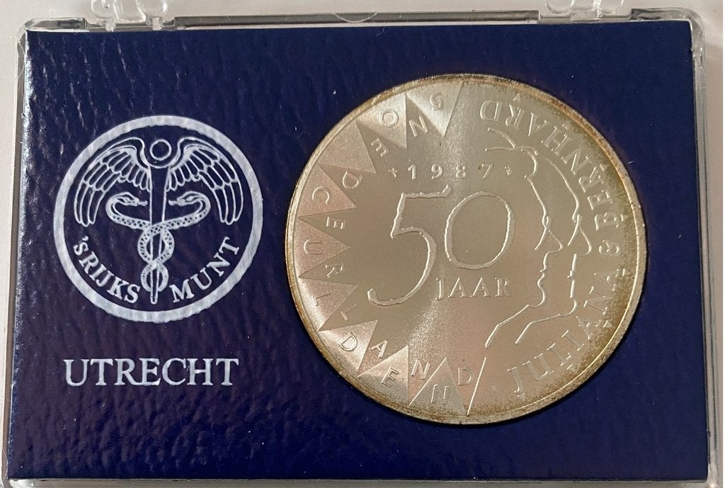 Zilveren 50 Gulden – Juliana & Bernhard -FDC met certificaat, Koningin Beatrix, Ophalen of Verzenden, Losse munt, Geboorte of Huwelijk