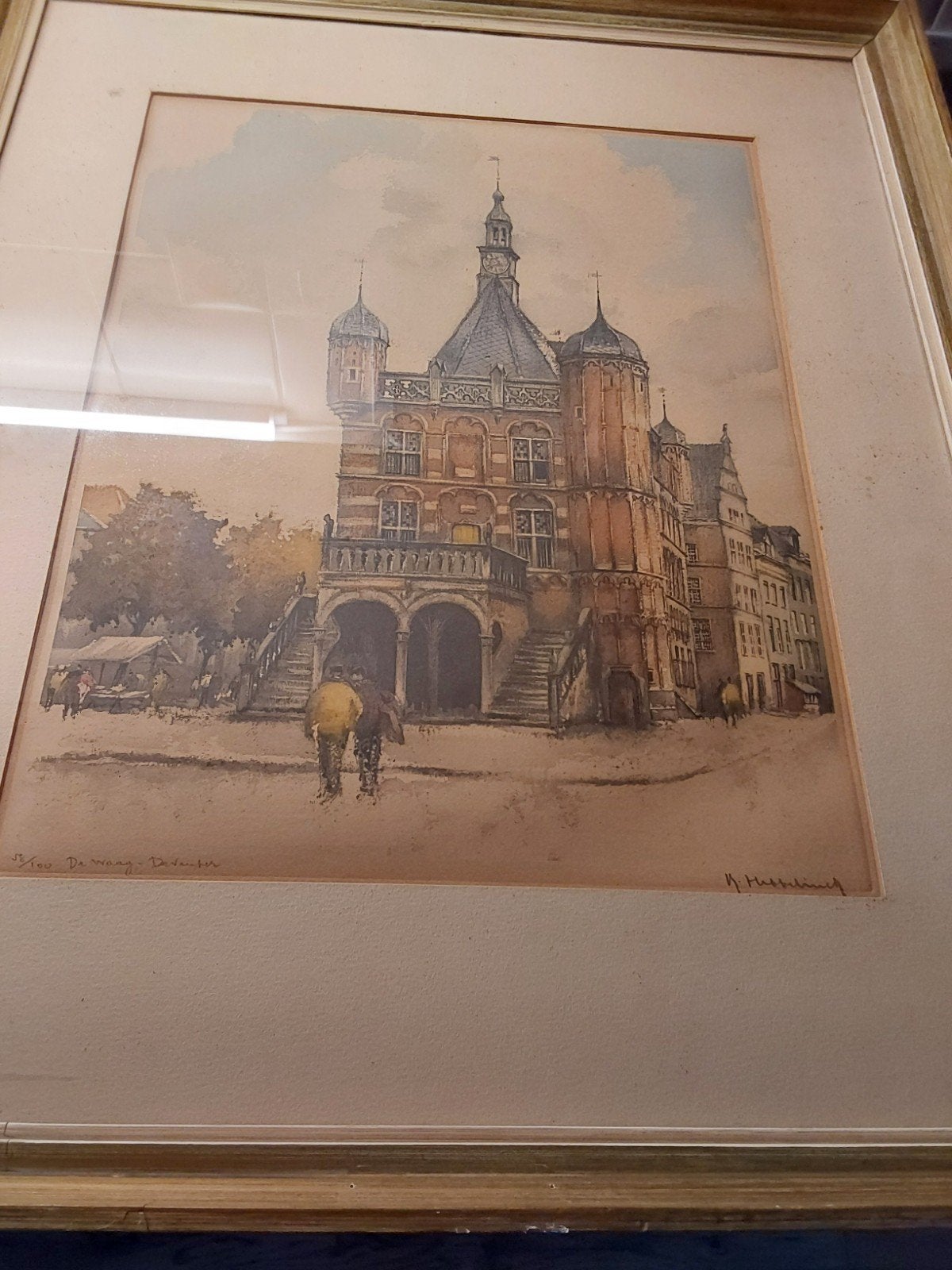 Stadsgezicht Deventer Stadhuis - Aquarel hebbelinck, Antiek en Kunst, Ophalen