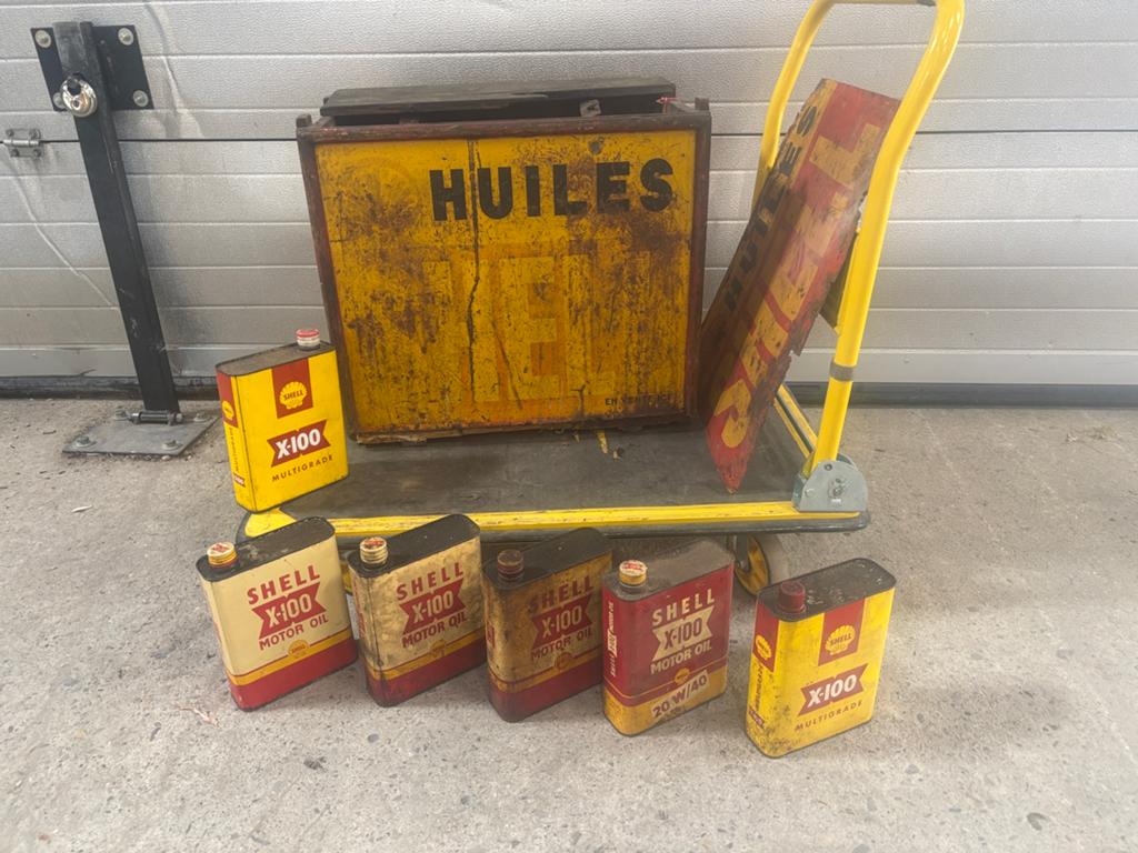 Shell olie krat kist met Shell X-100 blikken, Verzamelen, Merken en Reclamevoorwerpen, Gebruikt, ., ., .
