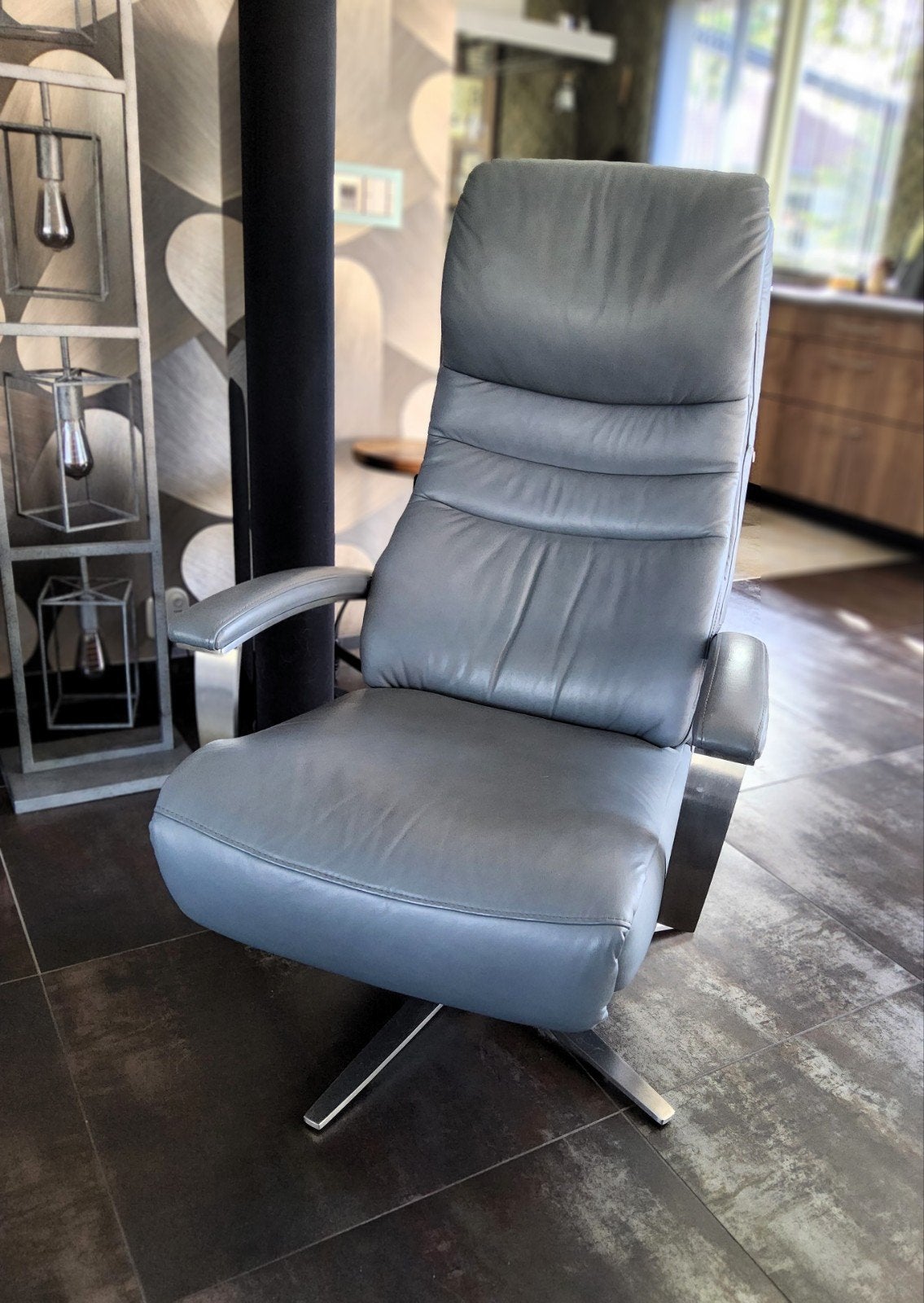 Hukla Relaxfauteuil - Blauw-grijs leer met accu, Ophalen, Gebruikt, Leer