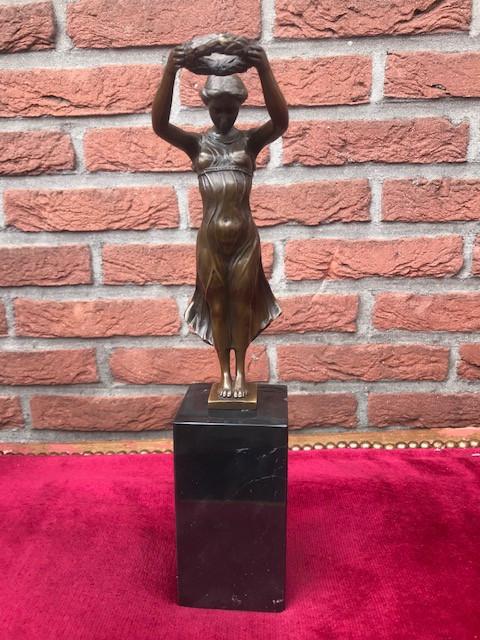 klassieke dame met lauwerkrans, brons en marmer, Antiek en Kunst, Ophalen of Verzenden, Brons