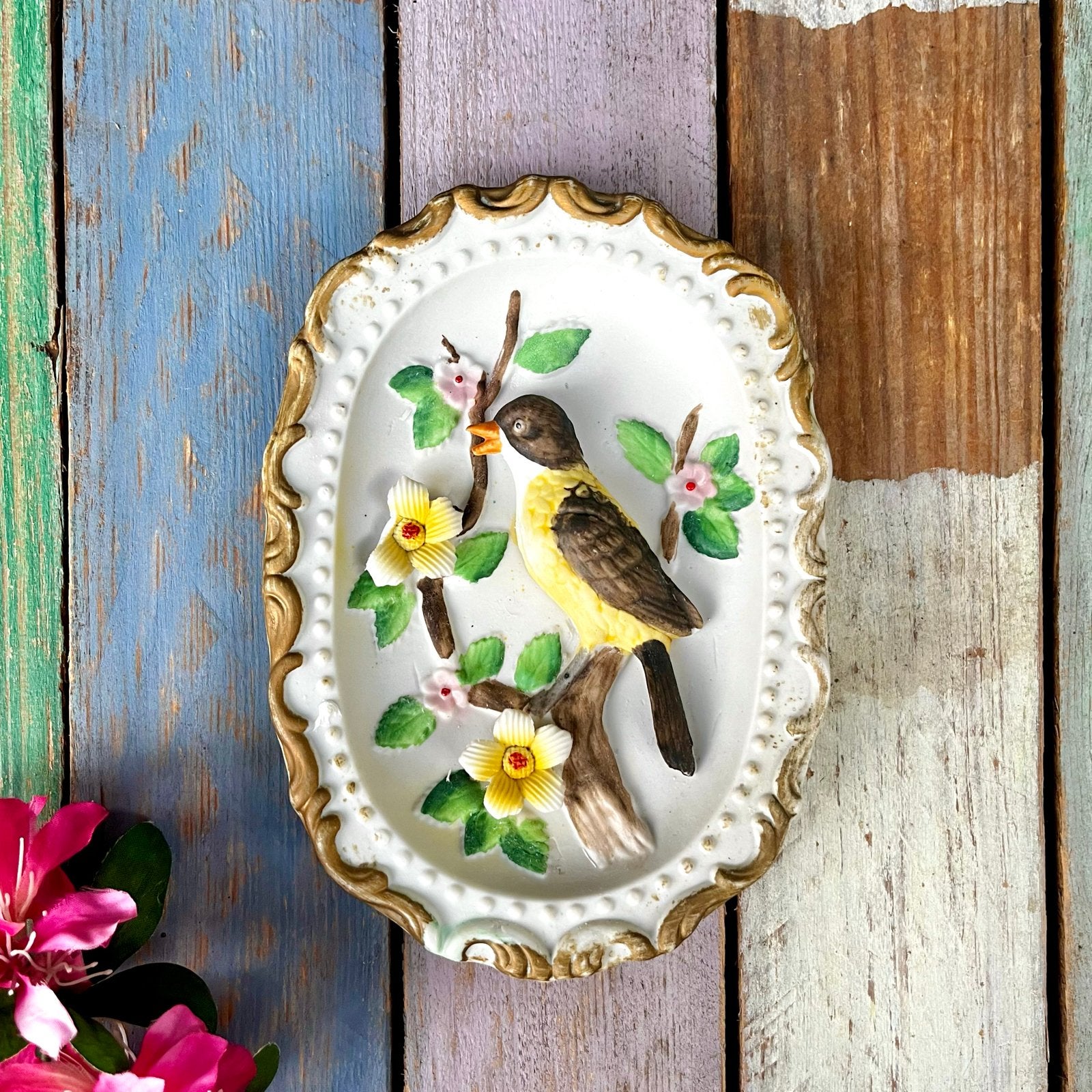 Vintage HOMCO wanddecoratie keramiek vogel op tak wandplaat, Gebruikt, Steen/keramiek, Ophalen of Verzenden, Wandbord of Wandpaneel