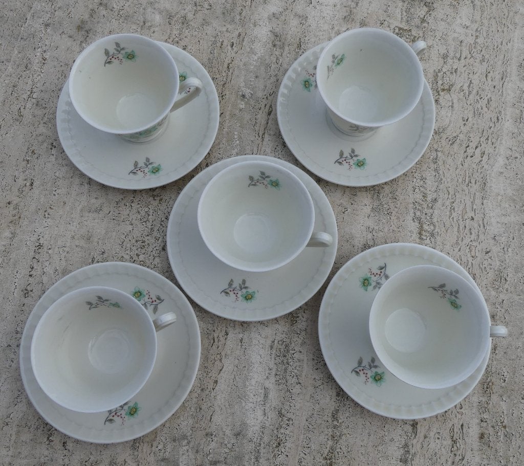 Mosa Theepot en 5 Koffie Kop + Schotels met Groene Bloem, Ophalen of Verzenden