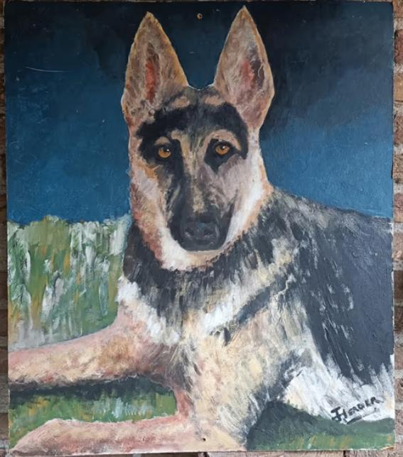 Vintage schilderij herdershond herder hond retro kitsch, Gebruikt, Schilderij, Vintage, Ophalen of Verzenden