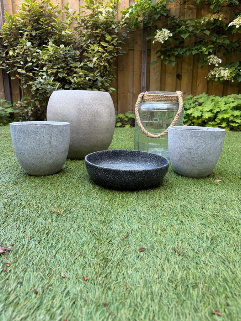 Set van 4 potten en 1 schaal voor tuin of balkon, Tuin en Terras, Bloembakken en Plantenbakken, Ophalen, Gebruikt, Minder dan 30 cm