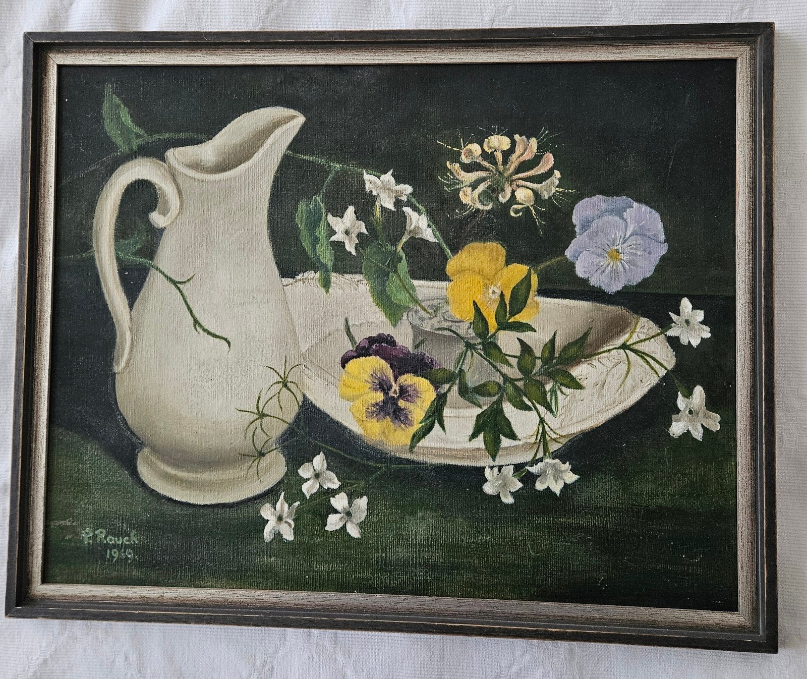 Stilleven met kan en bloemen, gesigneerd P. Rouck 1910, Ophalen of Verzenden