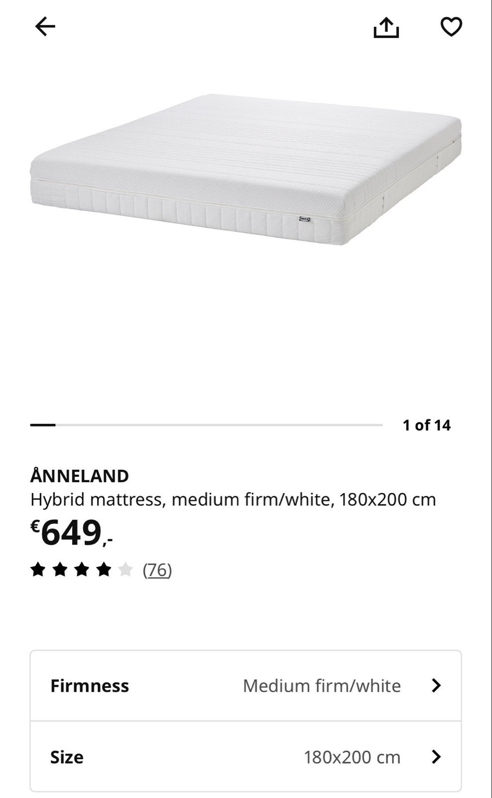 IKEA Anneland Matras Medium Firm 180x200, Huis en Inrichting, Slaapkamer | Matrassen en Bedbodems, Ophalen, Tweepersoons, Zo goed als nieuw