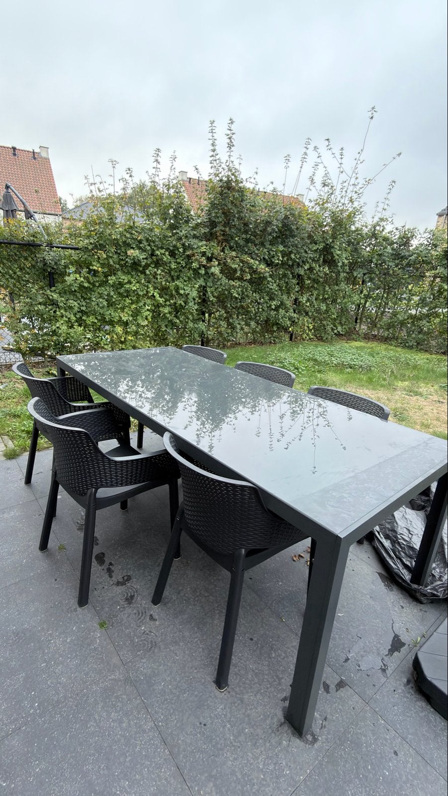 Tuinset met 6 stoelen en glazen tafel (220x90 cm), Tuin en Terras, Ophalen, Kunststof, Eettafel, 6 zitplaatsen