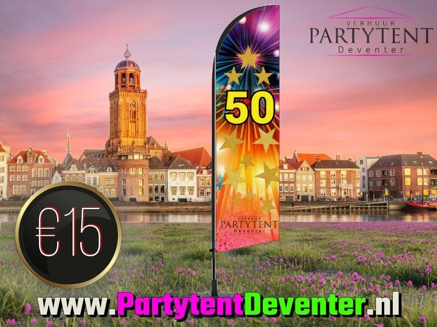 Jubileum 50 jaar! Feestelijke strandvlag huren, Hobby en Vrije tijd, Feestartikelen | Verhuur, Ophalen, Nieuw, Verjaardag