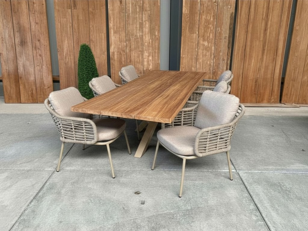 Tuinset | dining | boomstam teak 250cm incl 6 Luna beige, Tuin en Terras, Ophalen, 6 zitplaatsen, Teakhout, Nieuw