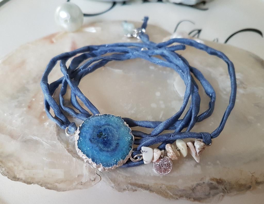 Pure Silk Zijden Wikkel Armband Solar Quartz Jeans Blauw, Sieraden, Tassen en Uiterlijk, Armbanden, Overige materialen, Met bedels of kralen