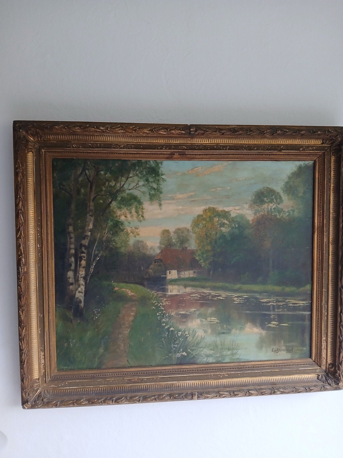 Olieverfschilderij E.v. Brandenburg - Watermolen aan rivie, Antiek en Kunst, Kunst | Schilderijen | Klassiek, Ophalen