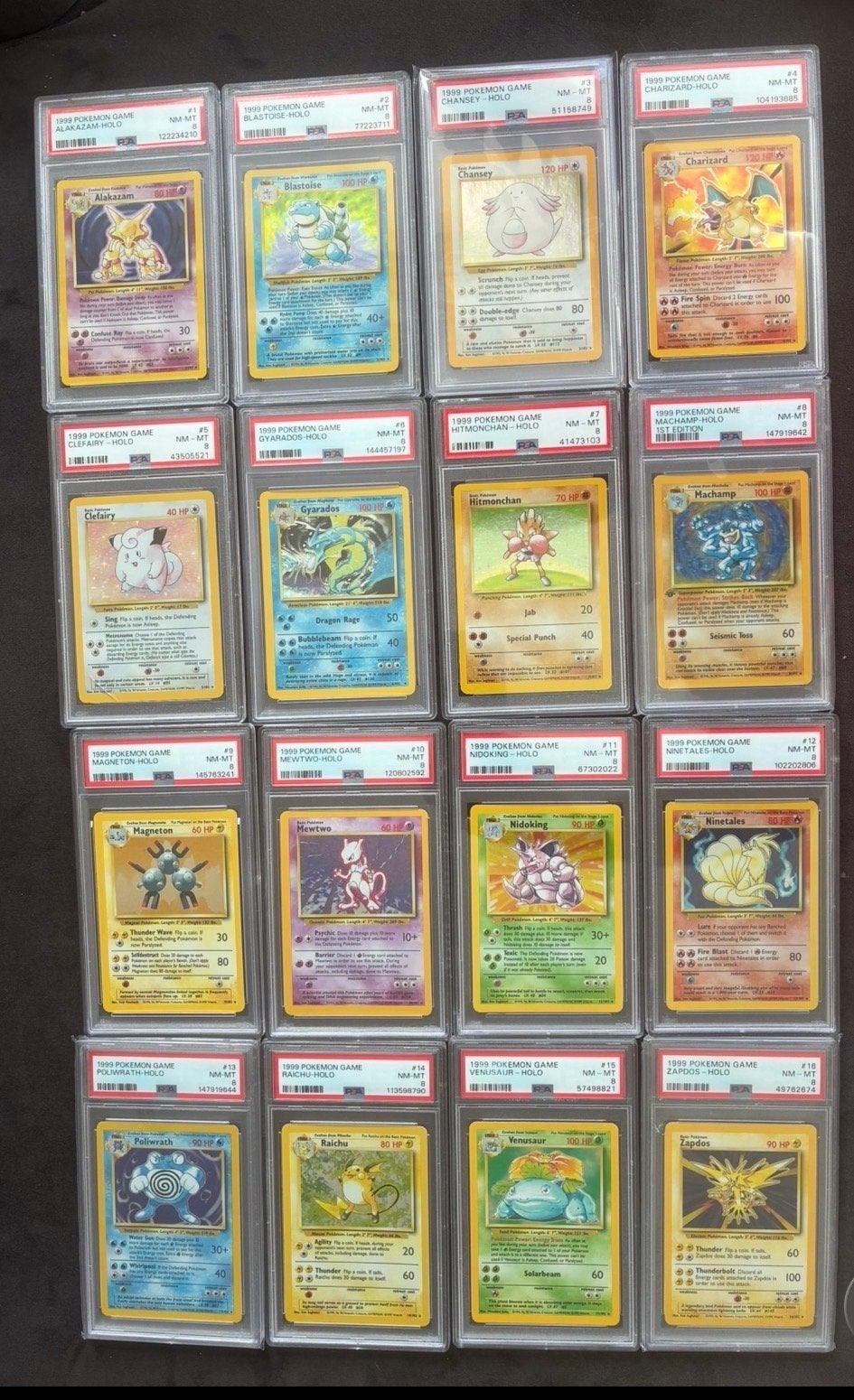 Pokémon Base Set Holo PSA 8 Collectie (16 kaarten), Ophalen of Verzenden, Zo goed als nieuw, Meerdere kaarten, Foil