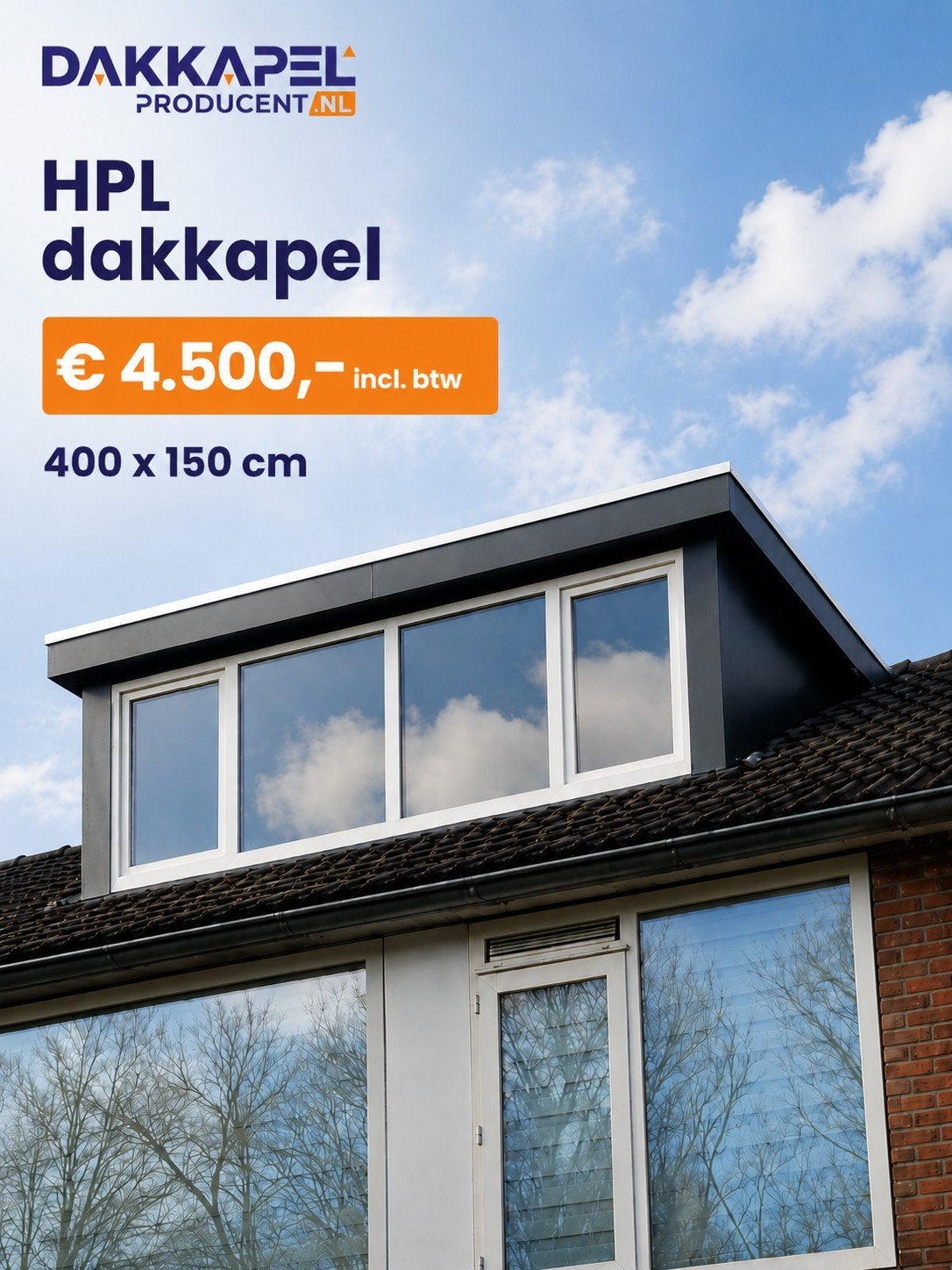 Dakkapel 400 x 150 € 4160  - levering heel Ned !, Kunststof, Dakkapel, 225 cm of meer, Nieuw