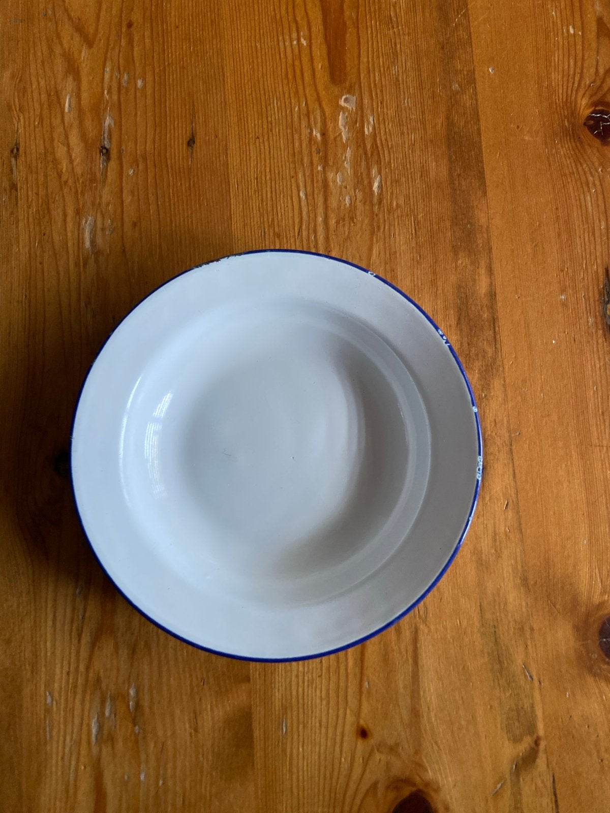Vintage geëmailleerd bord - wit met blauwe rand, Ophalen of Verzenden