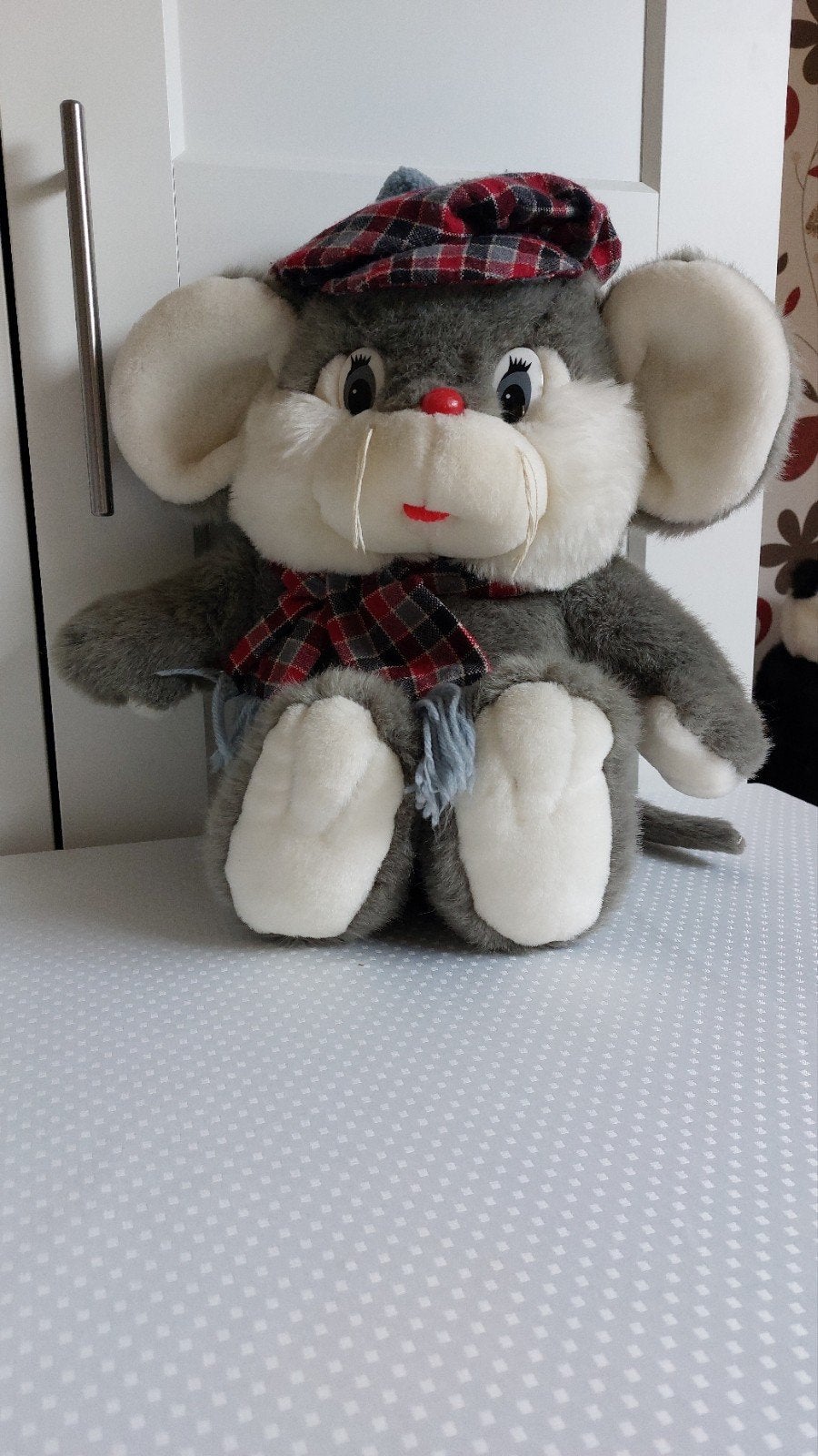 Grijze Muis Knuffel met Schotse Ruit en Piepgeluid, Ophalen, Muis, Gebruikt, Met geluid