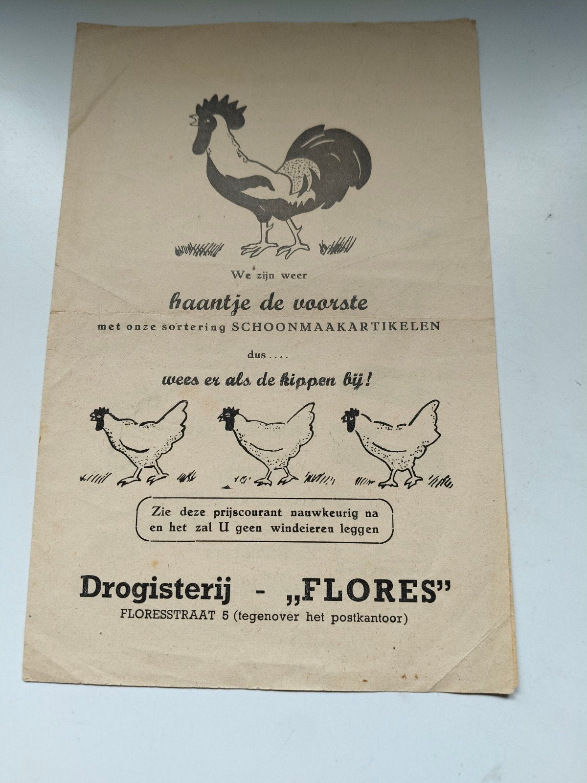 Oude prijslijst schoonmaakartikelen Drogisterij Flores, Verzenden, Gebruikt, Gebruiksvoorwerp