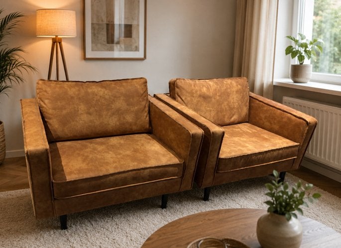 2 x Be Pure Home Rodeo Fauteuil - velvet bruin., Ophalen, Zo goed als nieuw, 75 tot 100 cm, Minder dan 150 cm