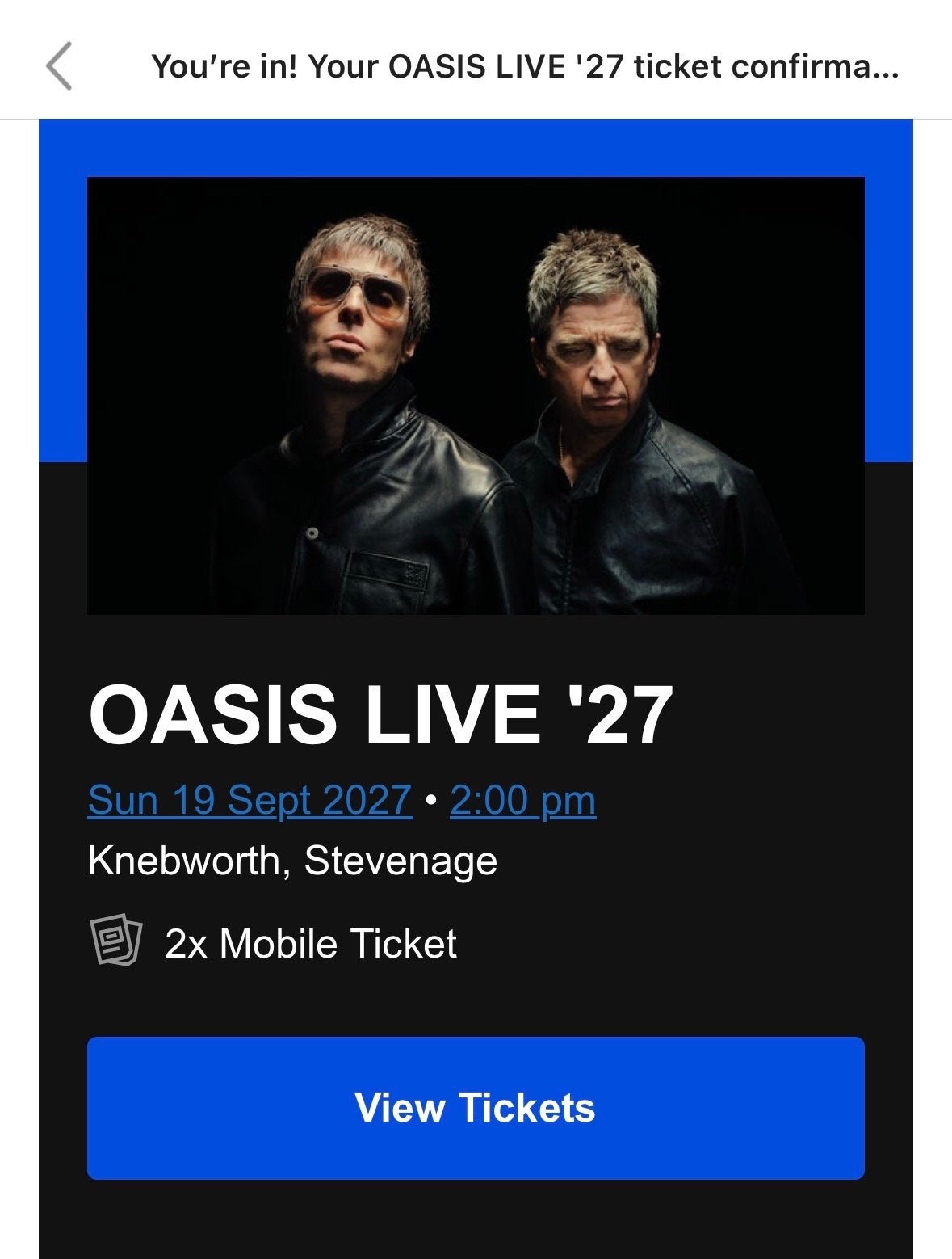 Oasis VIP tickets 2x | 19-9-2027 | Knebworth, Tickets en Kaartjes, Twee personen, September