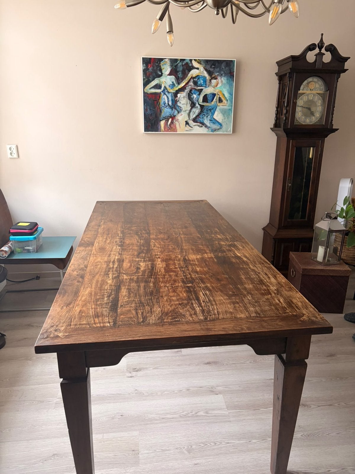 Massief eiken eettafel (220x100x80 cm), Ophalen, Gebruikt, Eikenhout, 200 cm of meer
