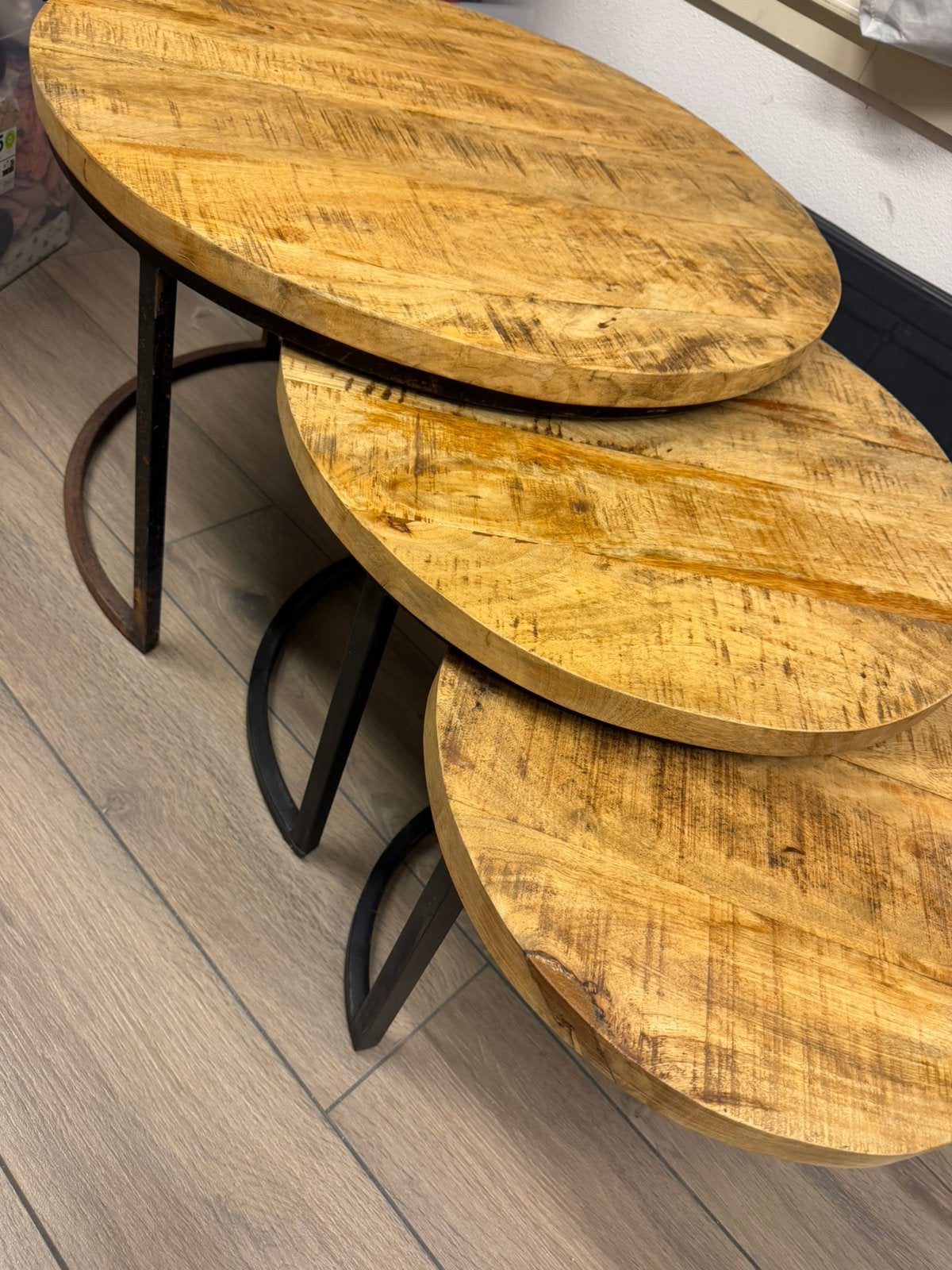 Industriële houten salontafel set, Ophalen, 50 – 75, Gebruikt, Rond