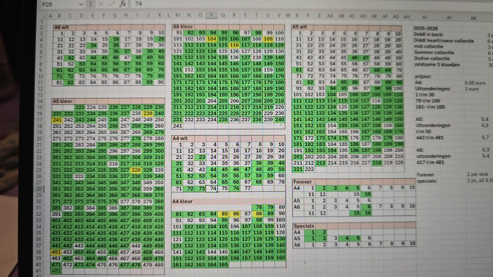Diddl blaadjes - Groene nummers op voorraad, gele onderweg, Ophalen of Verzenden, Diddl, Gebruikt, Papier, Kaart of Schrift