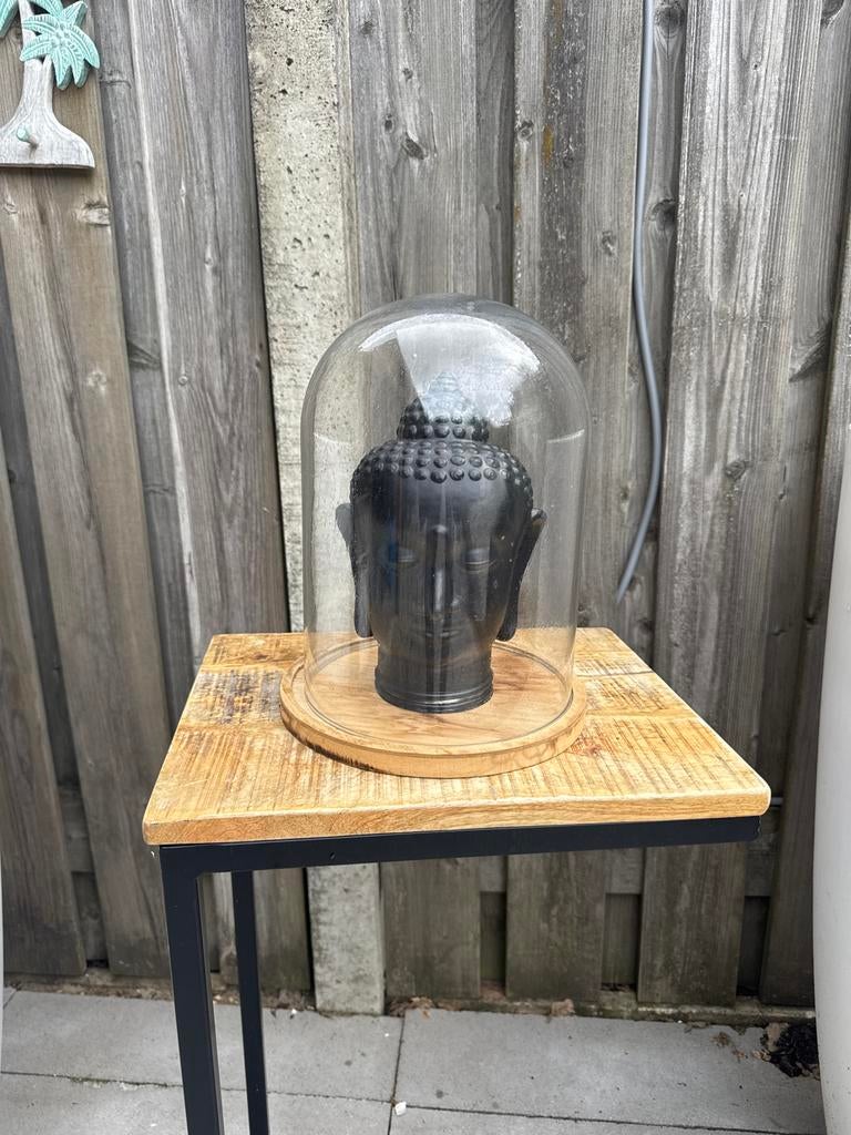 Boeddha beeld in glazen stolp - Zwart met houten voet, Ophalen, Gebruikt