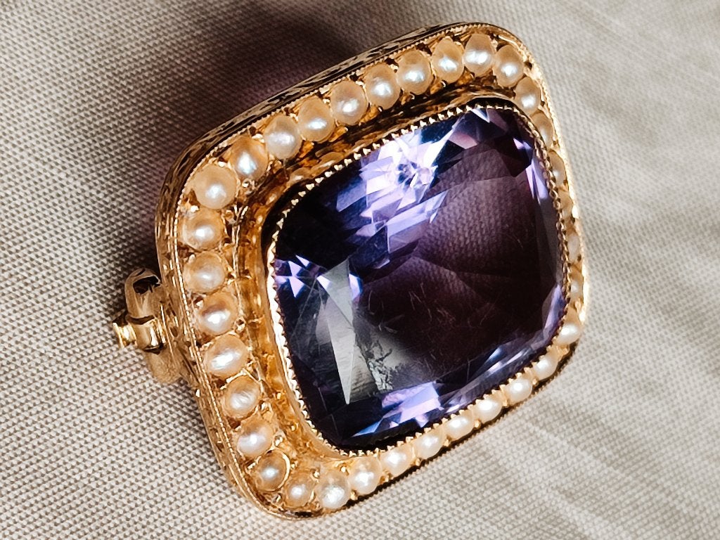 Antieke broche met amethist, zaadparels, Napoleon III tijd, Ophalen of Verzenden
