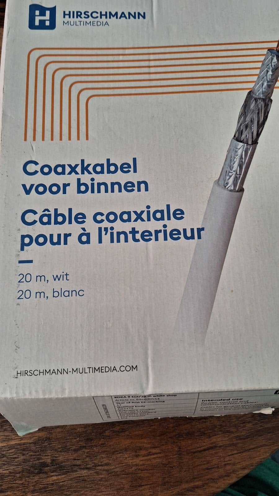 Hirschmann Coaxkabel voor binnen - 20 meter wit, Ophalen of Verzenden, Nieuw, 10 meter of meer, Coaxiale kabel