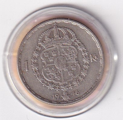 Zweden 1 Krona 1946 met randtikje, Verzenden, Overige landen, Losse munt, Zilver