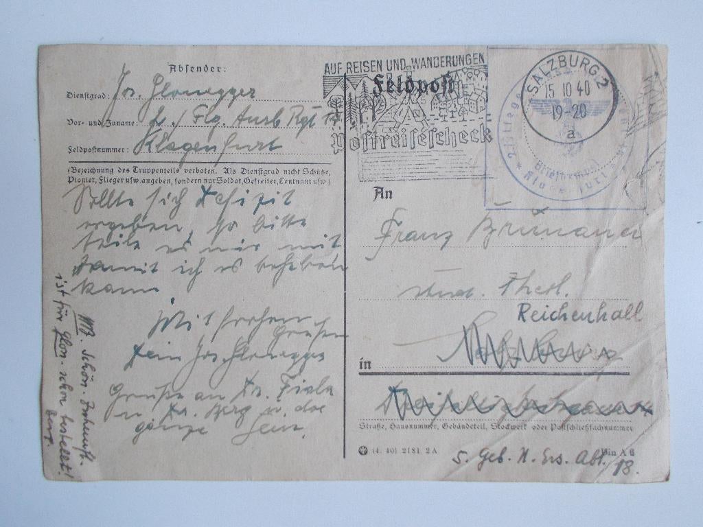 Duitse Rijk, Veldpostkaart Klagenfurt-Salsburg-Reichenhall., Postzegels en Munten, Brieven en Enveloppen | Buitenland, Ophalen