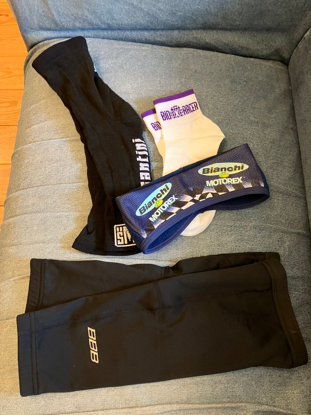 🔥SET Fietskleding SMALL arm + kniestukken hoofdband Bianchi, Ophalen of Verzenden, Zo goed als nieuw, Kleding