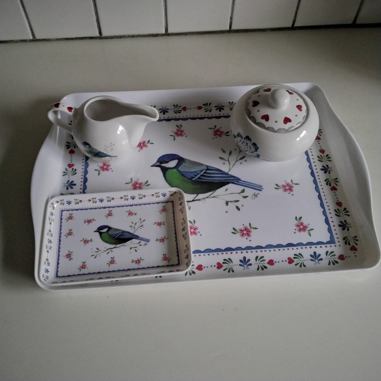 Jet Twents bont: 2 mokken,dienblad,roomstel enz., Overige typen, Ophalen of Verzenden, Zo goed als nieuw, Overige stijlen