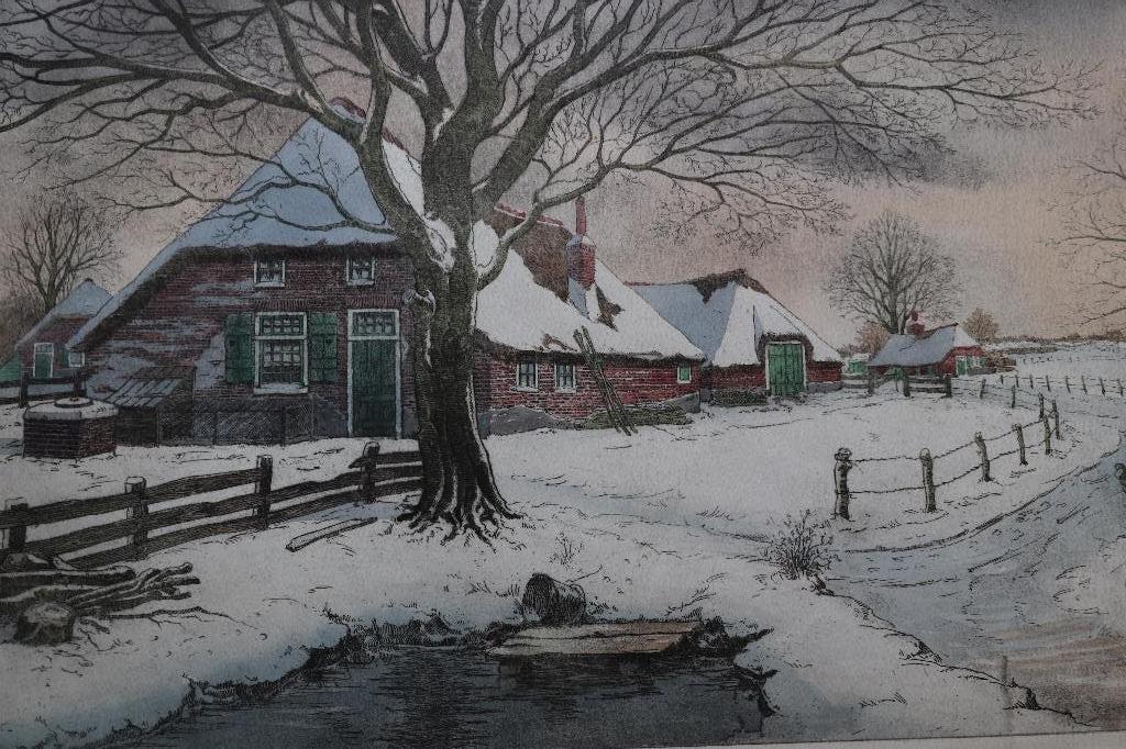 A. Hemert (1883 -1944) grote kleuren Ets winter in Waterland, Antiek en Kunst, Kunst | Schilderijen | Klassiek, Ophalen of Verzenden