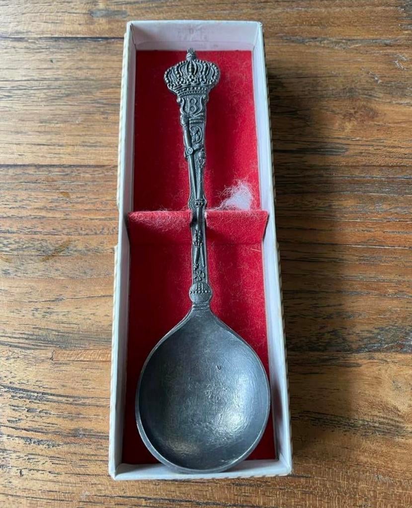 Antieke tinnen lepel met kroon en B-gravure, Ophalen of Verzenden