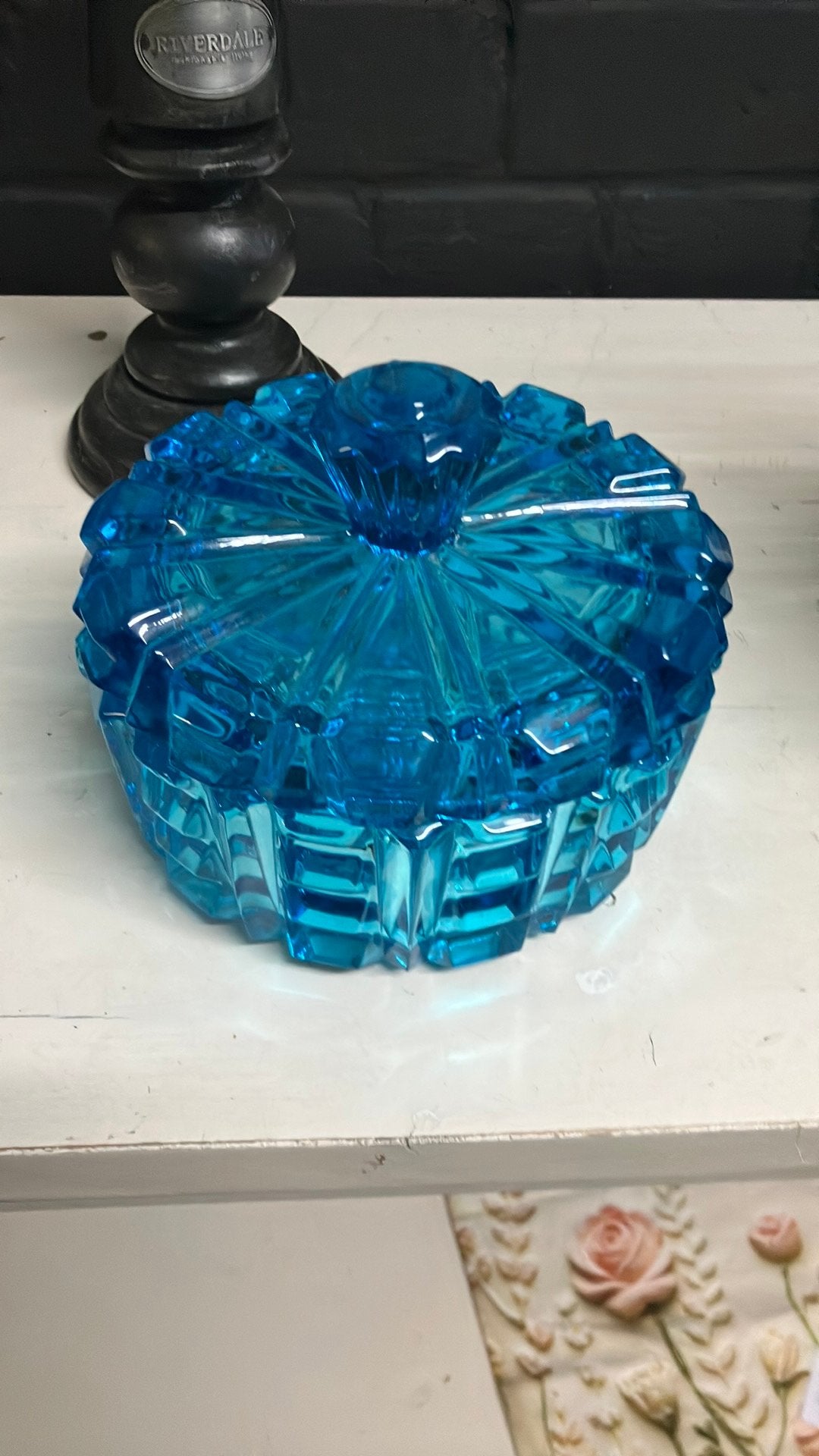 Prachtige glazen Art Deco Turquoise Koekdoos, Jaren '50, Antiek en Kunst, Ophalen of Verzenden