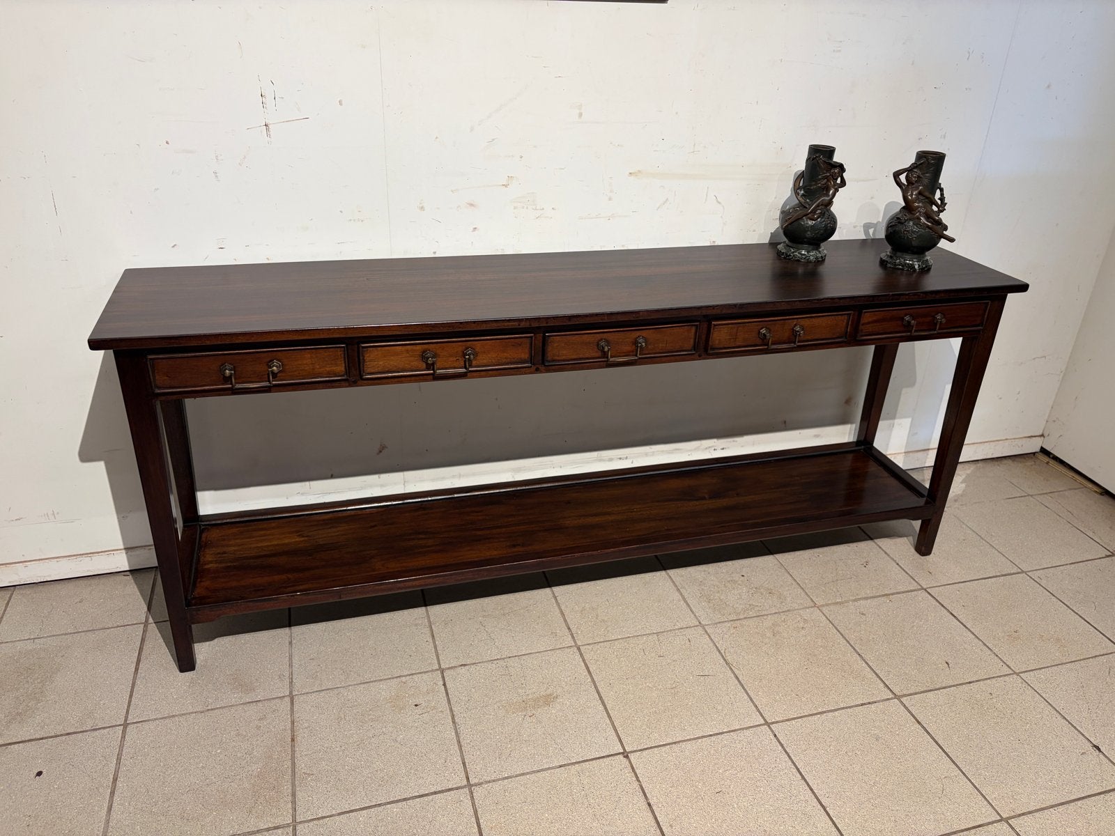 Mahonie wandtafel met laden, Engels model, 200 cm breed, Ophalen, Gebruikt, 200 cm of meer, Overige houtsoorten