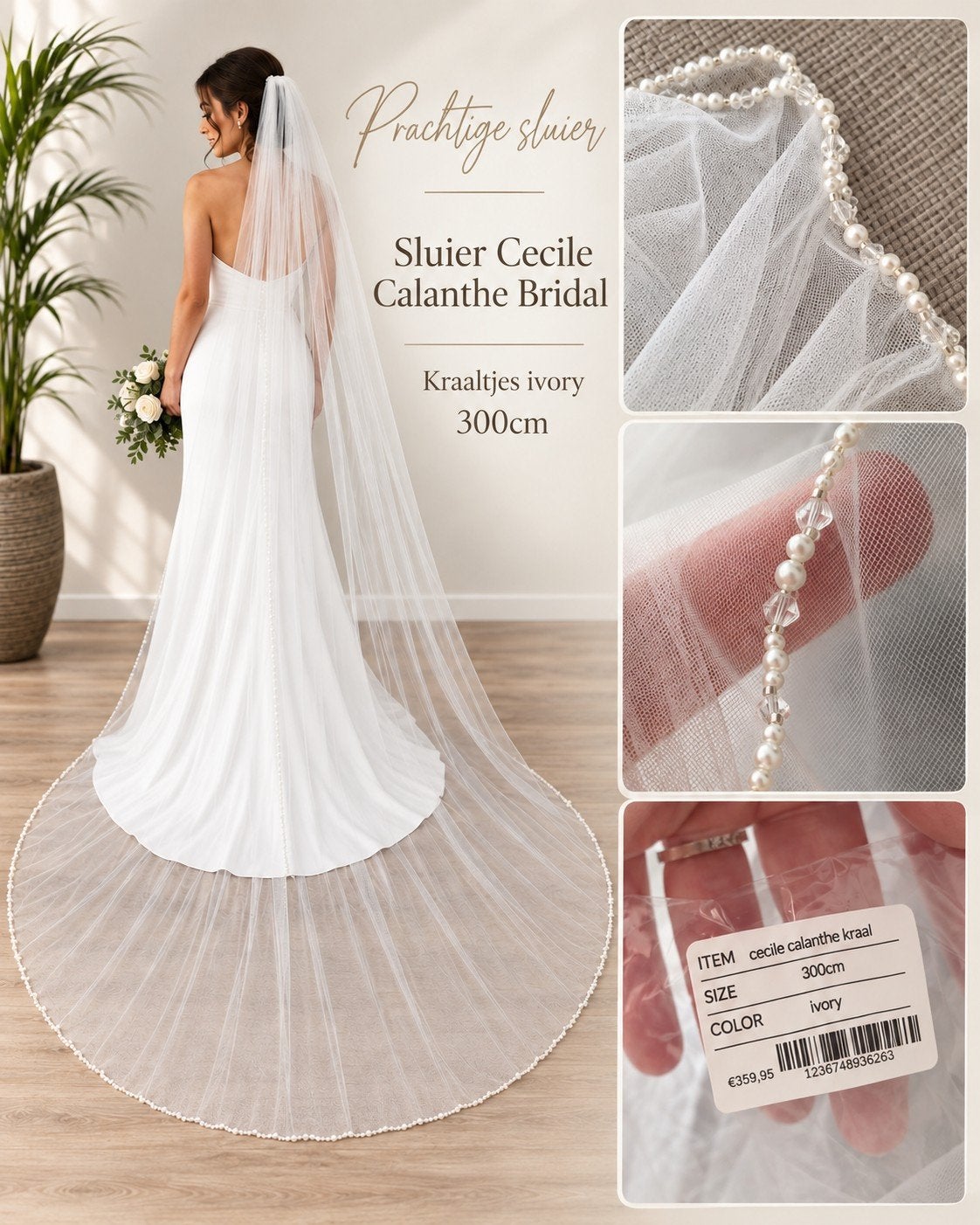 sluier nieuw kraaltjes ivory cecile calanthe 300cm prachtig, Ophalen of Verzenden, Nieuw, Wit, Accessoires