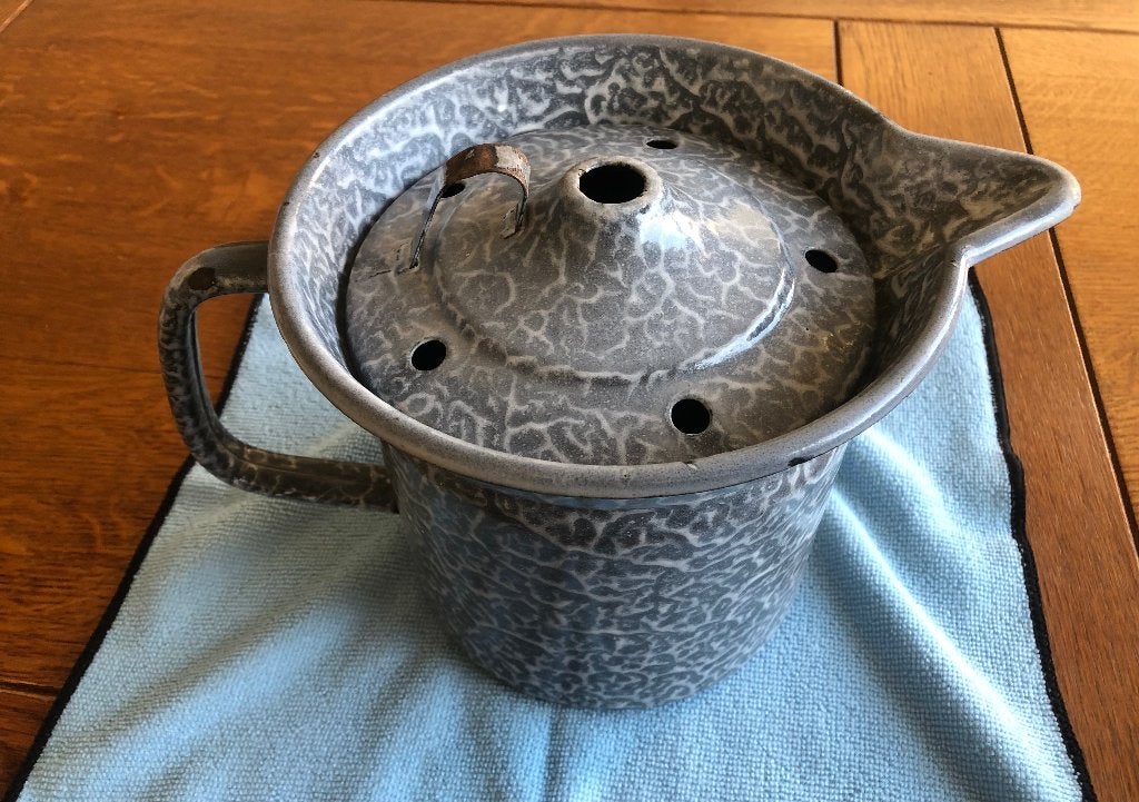 Vintage grijs gewolkte emaille melkkoker, Ophalen of Verzenden