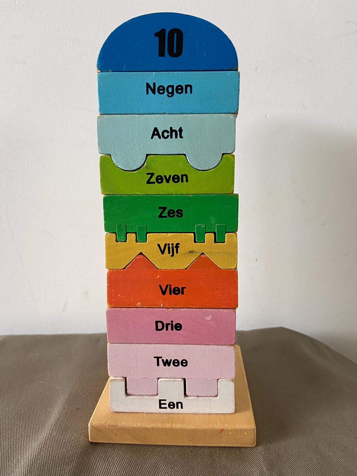Vintage Houten blokkentoren, tellen in letters en cijfers, Ophalen of Verzenden, Zo goed als nieuw