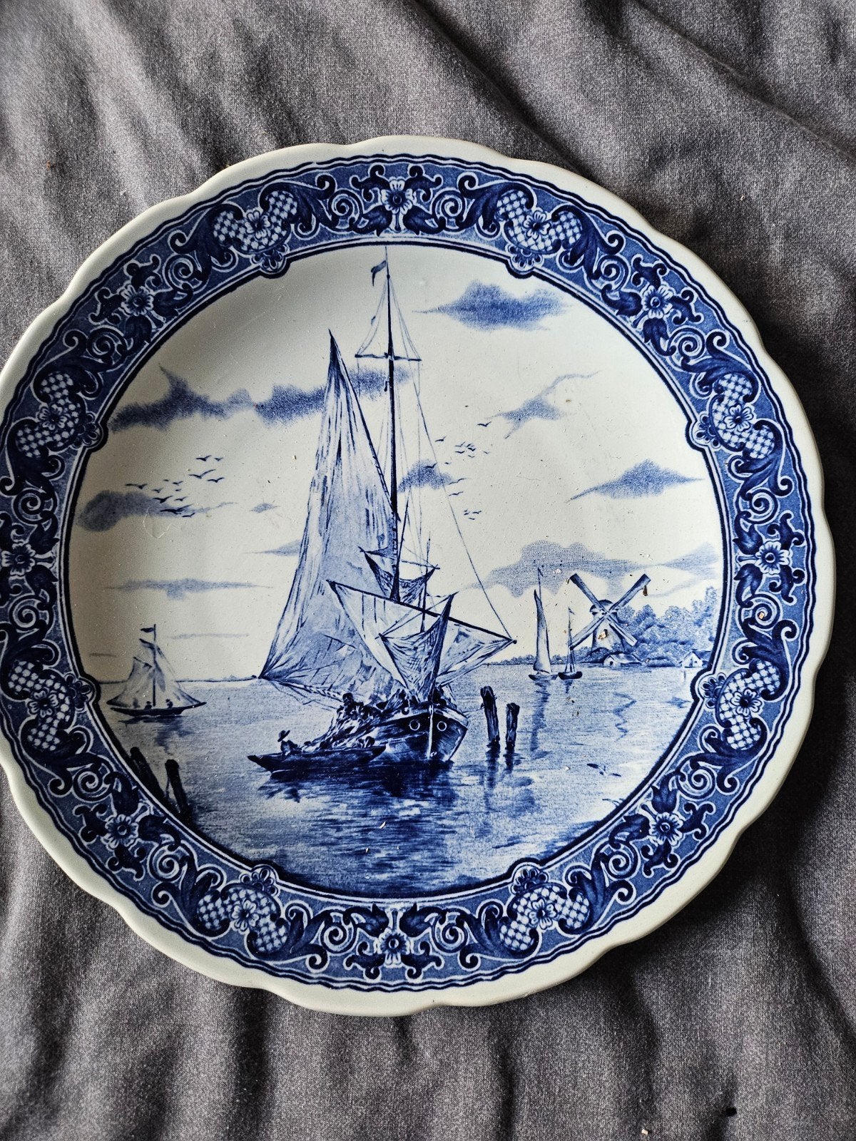 Delfts Blauw Wandbord - Zeilschip en Molen, Ophalen of Verzenden